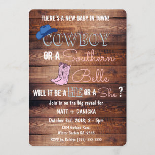 Cowboy or Southern Belle Gender Reveal Baby Shower Invitation