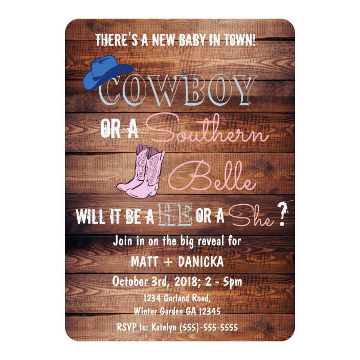 Cowboy or Southern Belle Gender Reveal Baby Shower Invitation | Zazzle.com