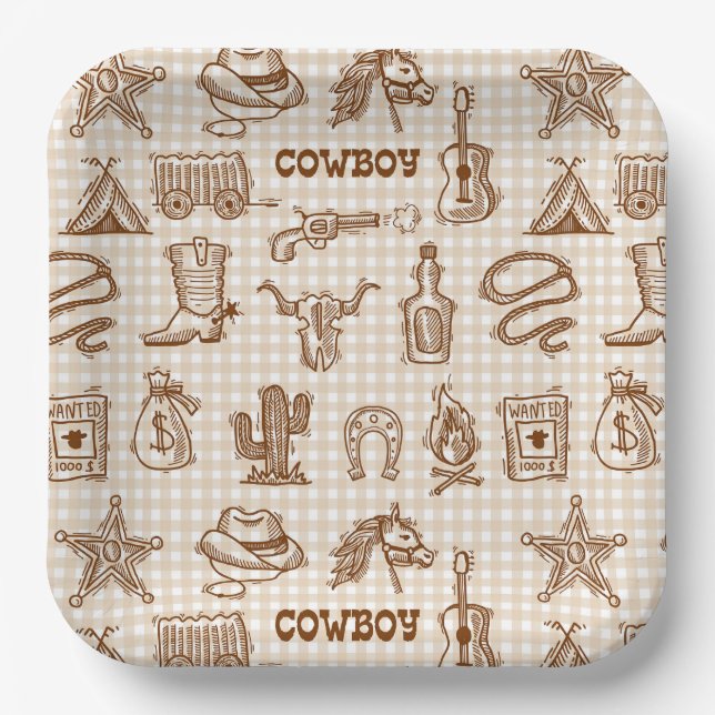 Cowboy Paper Plates, Western Rodeo Party Plates (Front)
