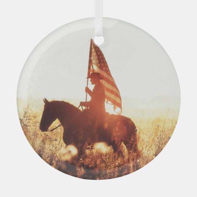Cowboy Portrait USA Flag Theme. Glass Ornament (Front)