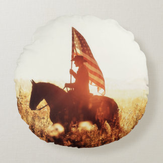 Cowboy Portrait USA Flag Theme. Round Pillow