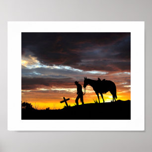 Cowboy Prayer Silhouette With Sunset Poster
