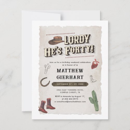 Cowboy Retro 40th Birthday Weekend Boots Party Invitation