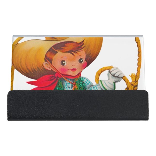 Cowboy Retro Boy Child Cute Western Desk Business Card Holder (Front)