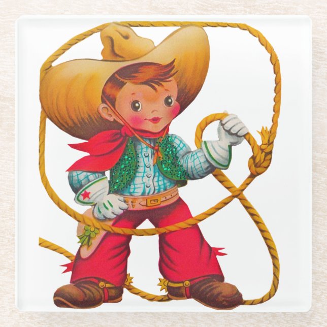 Cowboy Retro Boy Child Cute Western Glass Coaster (Front)