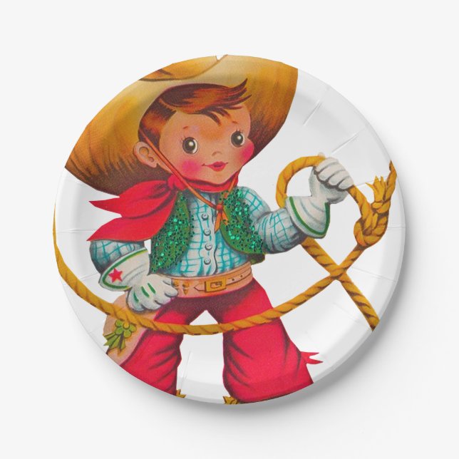 Cowboy Retro Boy Child Cute Western Paper Plates (Front)