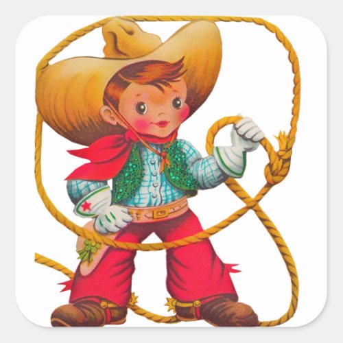 Cowboy Retro Boy Child Cute Western Square Sticker