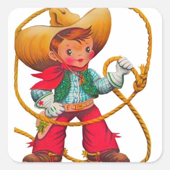 Cowboy Retro Boy Child Cute Western Square Sticker (Front)