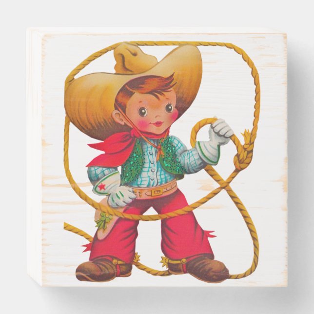 Cowboy Retro Boy Child Cute Western Wooden Box Sign (Front Horizontal)