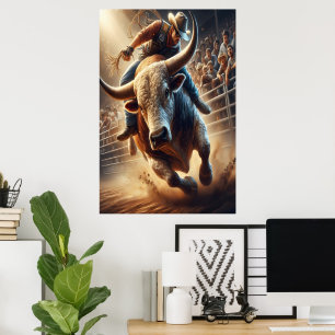 Cowboy rides a bucking bull poster
