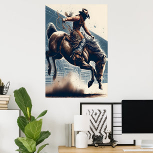 Cowboy rides a bucking horse poster