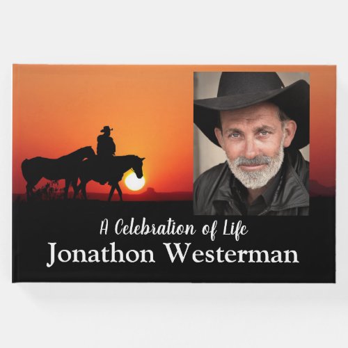 Cowboy Rides Horse at Sunset Celebration of Life G Guest Book