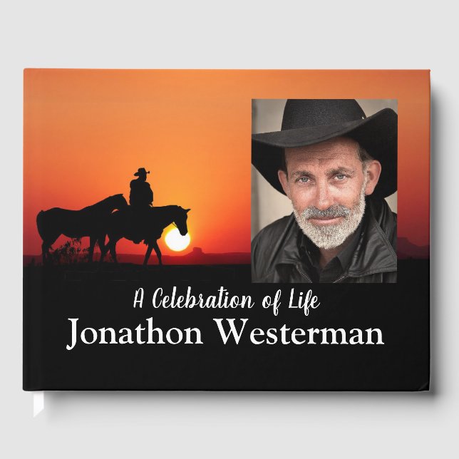 Cowboy Rides Horse at Sunset Celebration of Life G Guest Book (Front)