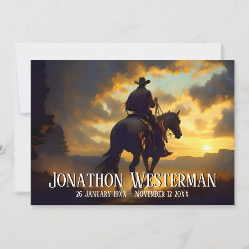 Cowboy Rides Horse at Sunset Celebration of Life Invitation