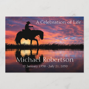 Cowboy Rides Horse at Sunset Celebration of Life Invitation