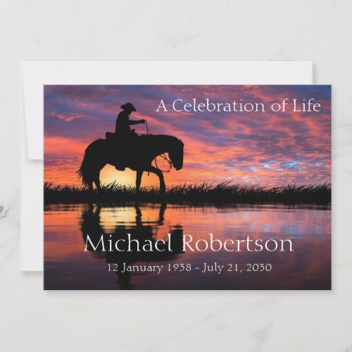 Cowboy Rides Horse at Sunset Celebration of Life Invitation