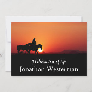 Cowboy Rides Horse at Sunset Celebration of Life Invitation