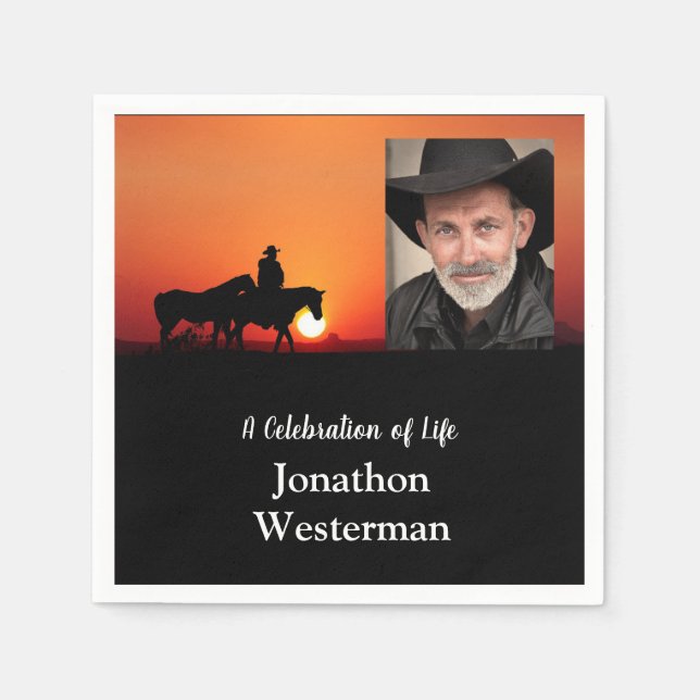Cowboy Rides Horse at Sunset Celebration of Life  Napkins (Front)