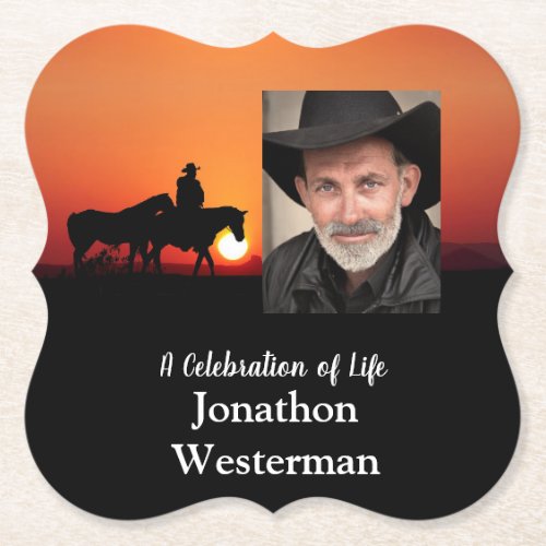 Cowboy Rides Horse at Sunset Celebration of Life  Paper Coaster