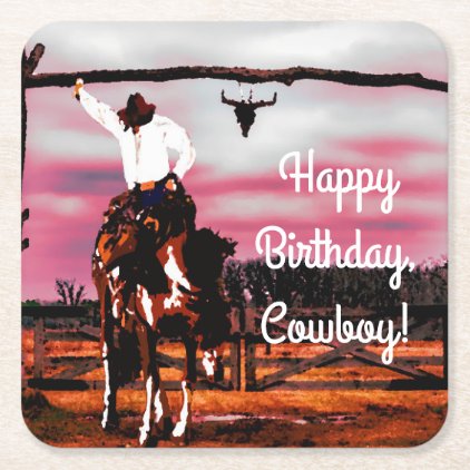 Cowboy Riding a Bronco Birthday Square Paper Coaster