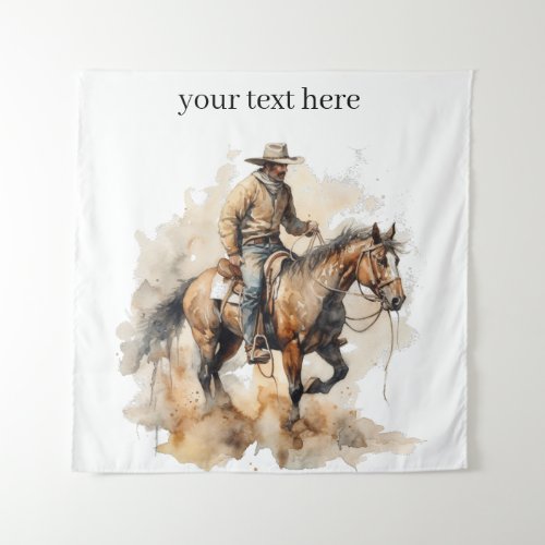 cowboy riding a brown horse in watercolor tapestry