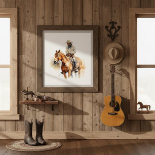 cowboy riding a brown horse too, customizable poster