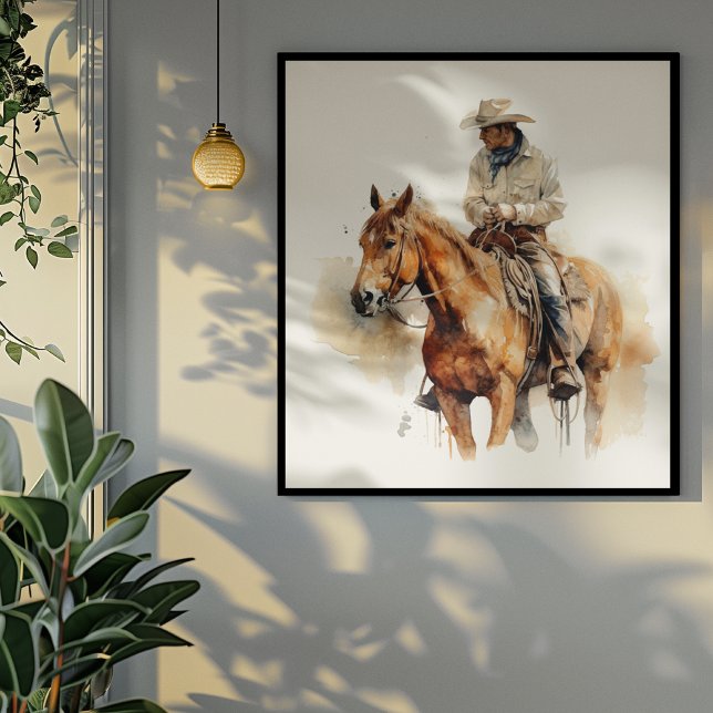 cowboy riding a brown horse too, customizable poster (Creator Uploaded)