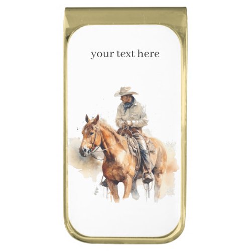 cowboy riding a brown horse too in watercolor gold finish money clip