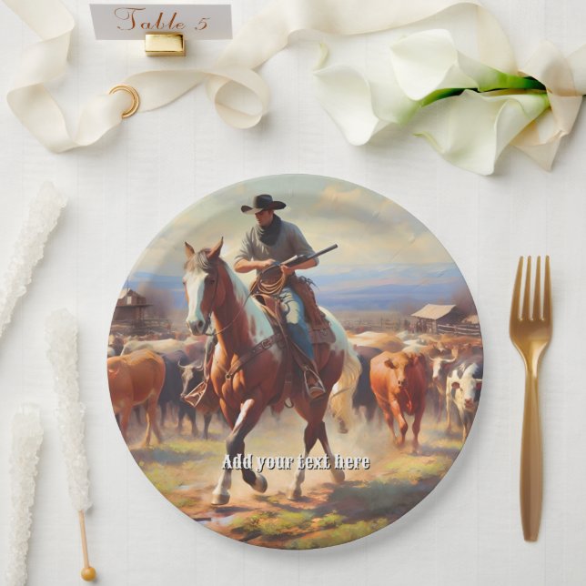 Cowboy Riding a Paint Horse Paper Plates (Wedding)