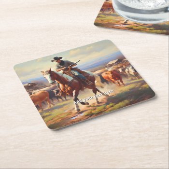 Cowboy Riding A Paint Horse Square Paper Coaster by DakotaInspired at Zazzle