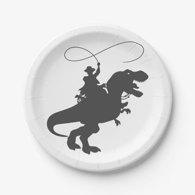 Cowboy riding dinosaur in the prehistoric era paper plates (Front)