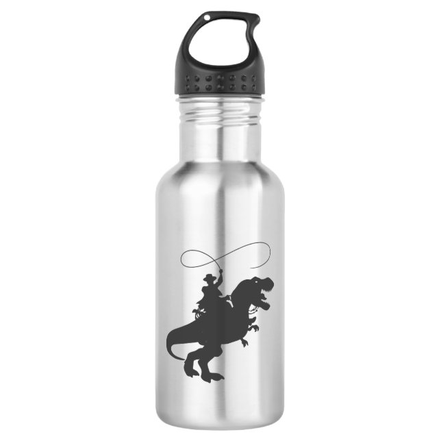 Cowboy riding dinosaur in the prehistoric era stainless steel water bottle (Front)