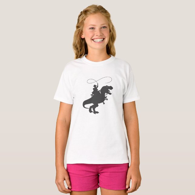 Cowboy riding dinosaur in the prehistoric era T-Shirt (Front Full)