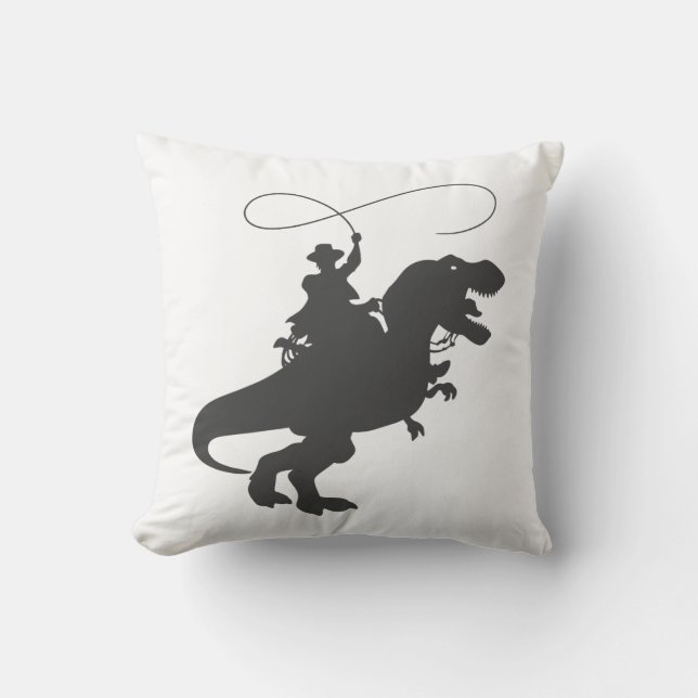 Cowboy riding dinosaur in the prehistoric era throw pillow (Front)