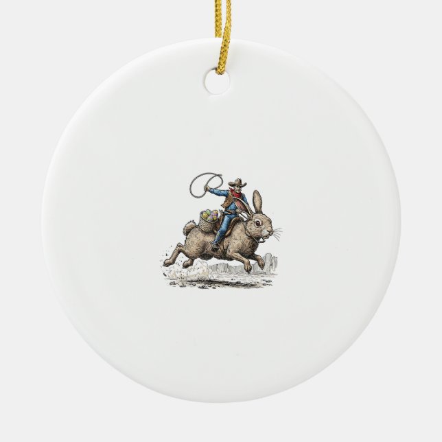 Cowboy Riding Easter Bunny Western Howdy Easter Fu Ceramic Ornament (Front)