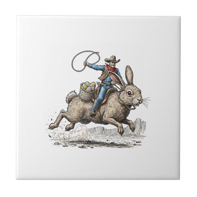 Cowboy Riding Easter Bunny Western Howdy Easter Fu Ceramic Tile (Front)