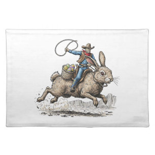 Cowboy Riding Easter Bunny Western Howdy Easter Fu Cloth Placemat