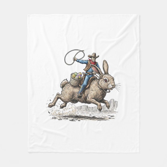 Cowboy Riding Easter Bunny Western Howdy Easter Fu Fleece Blanket (Front)