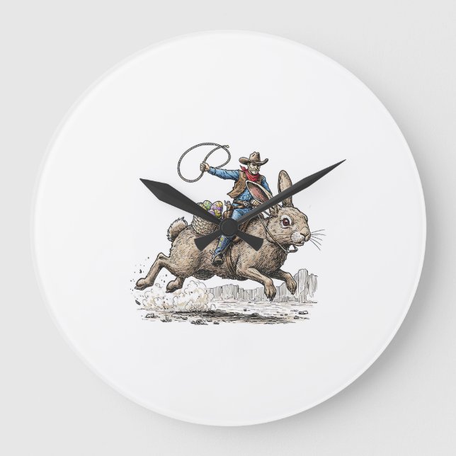 Cowboy Riding Easter Bunny Western Howdy Easter Fu Large Clock (Front)