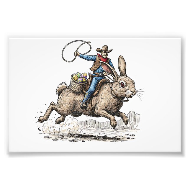 Cowboy Riding Easter Bunny Western Howdy Easter Fu Photo Print (Front)