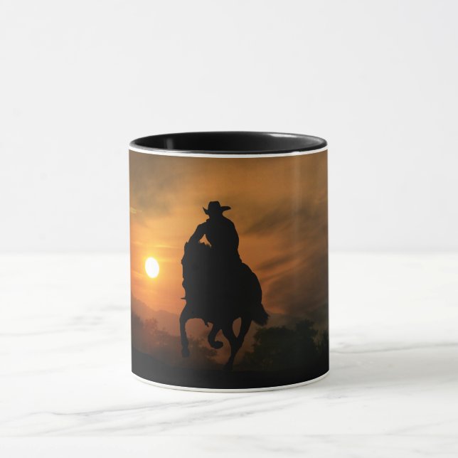 Cowboy Riding Horse at Sunset Mug (Center)