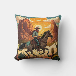 Cowboy Riding Horse at Sunset Throw Pillow