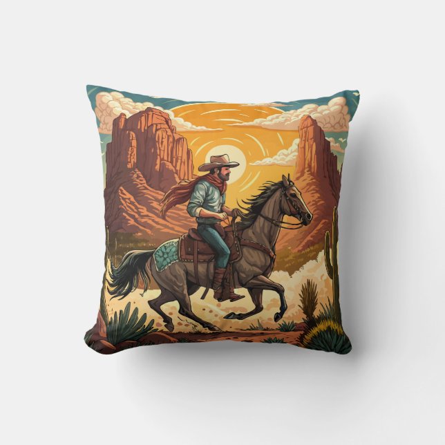 Cowboy Riding Horse at Sunset Throw Pillow (Front)
