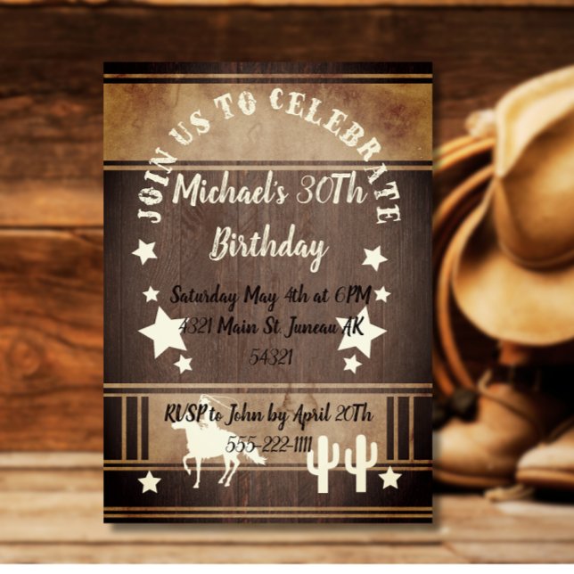 Cowboy riding horse cactus rustic birthday invitation (Creator Uploaded)