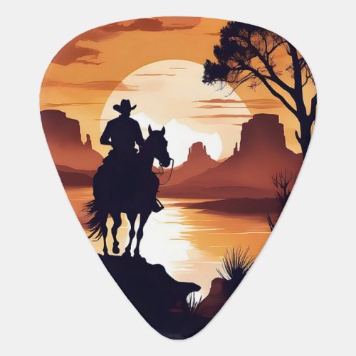 Cowboy Riding Horse in Desert at Sunrise  Guitar Pick