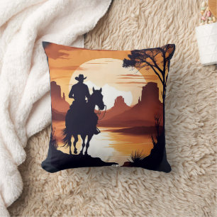 Cowboy Riding Horse in Desert at Sunrise Throw Pillow
