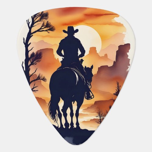 Cowboy Riding Horse in Desert at Sunset Guitar Pick
