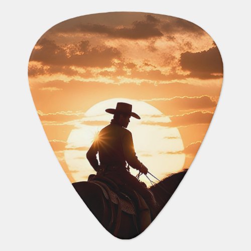 Cowboy Riding Horse in Desert at Sunset Guitar Pick