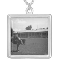 Cowboy riding horse in rodeo, (B&W) Silver Plated Necklace