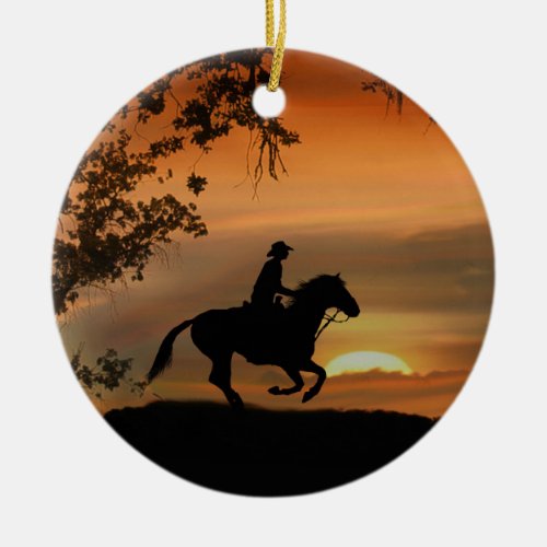 Cowboy Riding Horse in the Sunset Ceramic Ornament